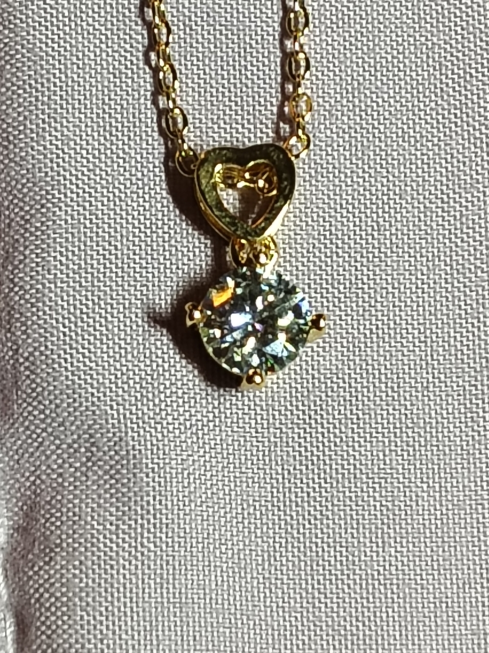 Gold Heart Pendant 18" Necklace with Moissanite Solitaire Crystal Women Jewelry